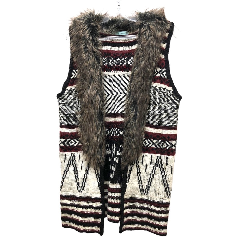 Maurices Sweater Vest with Faux Fur Collar Women's Size M White/Black/Maroon